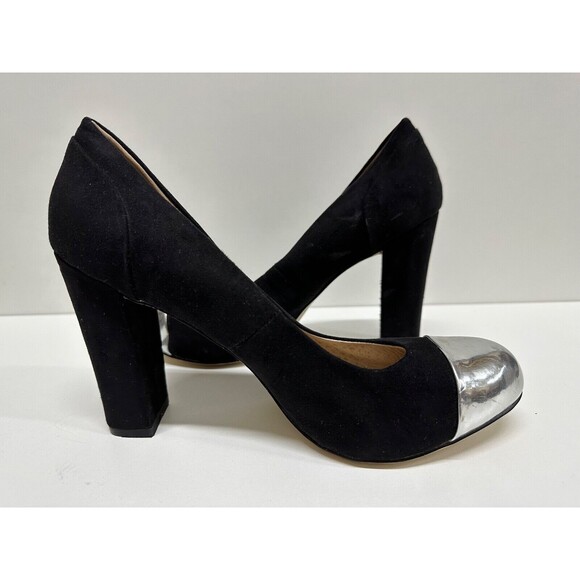 Chelsea Crew style Cappy metallic silver cap toe black suede pumps size 9 - Picture 5 of 9